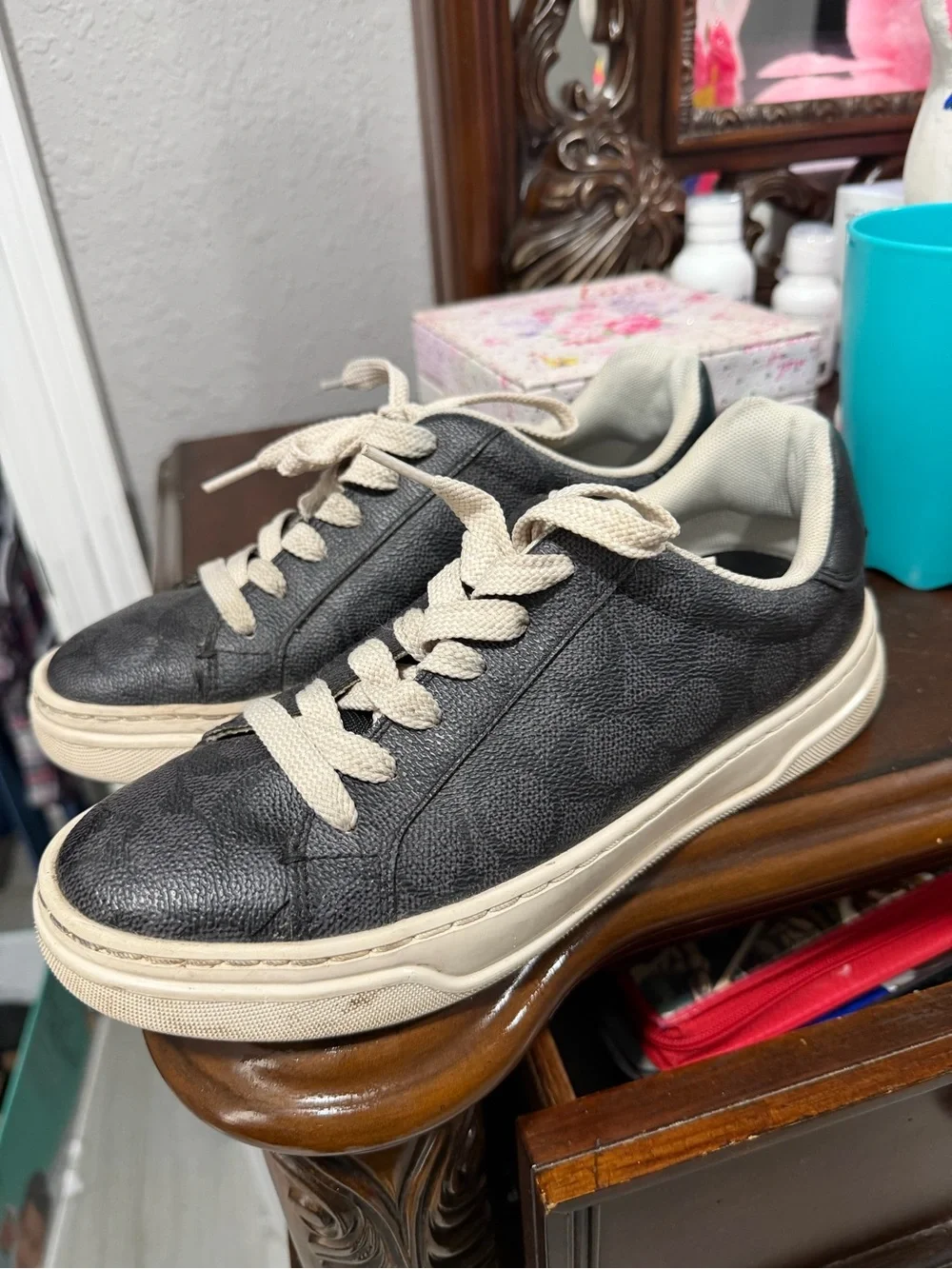 Coach Black Leather Low-Top Sneakers with Cream Soles and Laces